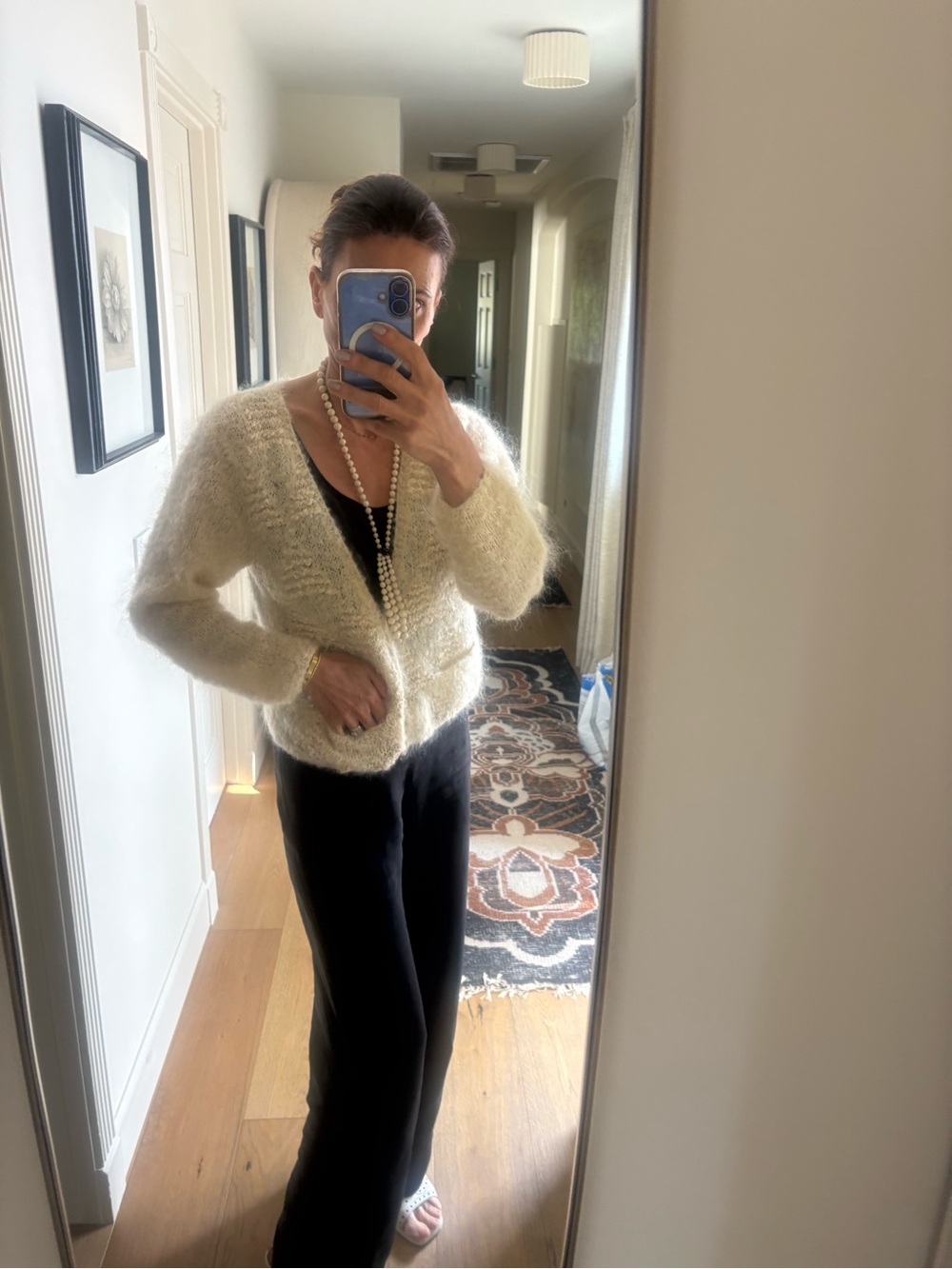 VTG Lauren Hansen Hand Knitted Mohair Wool Cardigan Cream Fuzzy Sweater M